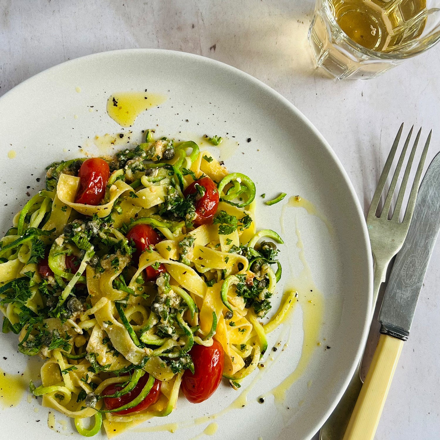 Courgetti with Roasted Tomato, Caper, Feta & Parsley Sauce Recipe ...